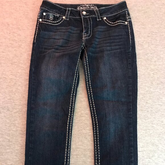 Paisley Sky Dark Wash Denim Jeans Bejeweled Studs White Stitch Stretch Size 4 - Picture 1 of 7